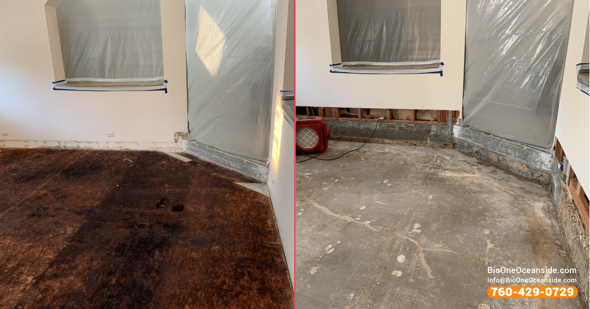 Subfloor had to be removed due to severe water damage. Bio-One of Oceanside.