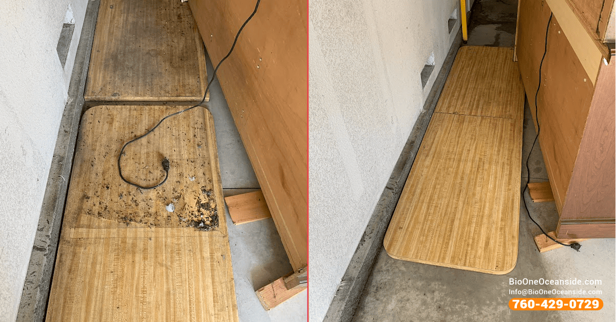 Rodent droppings cleanup before and after with Bio-One of Oceanside.