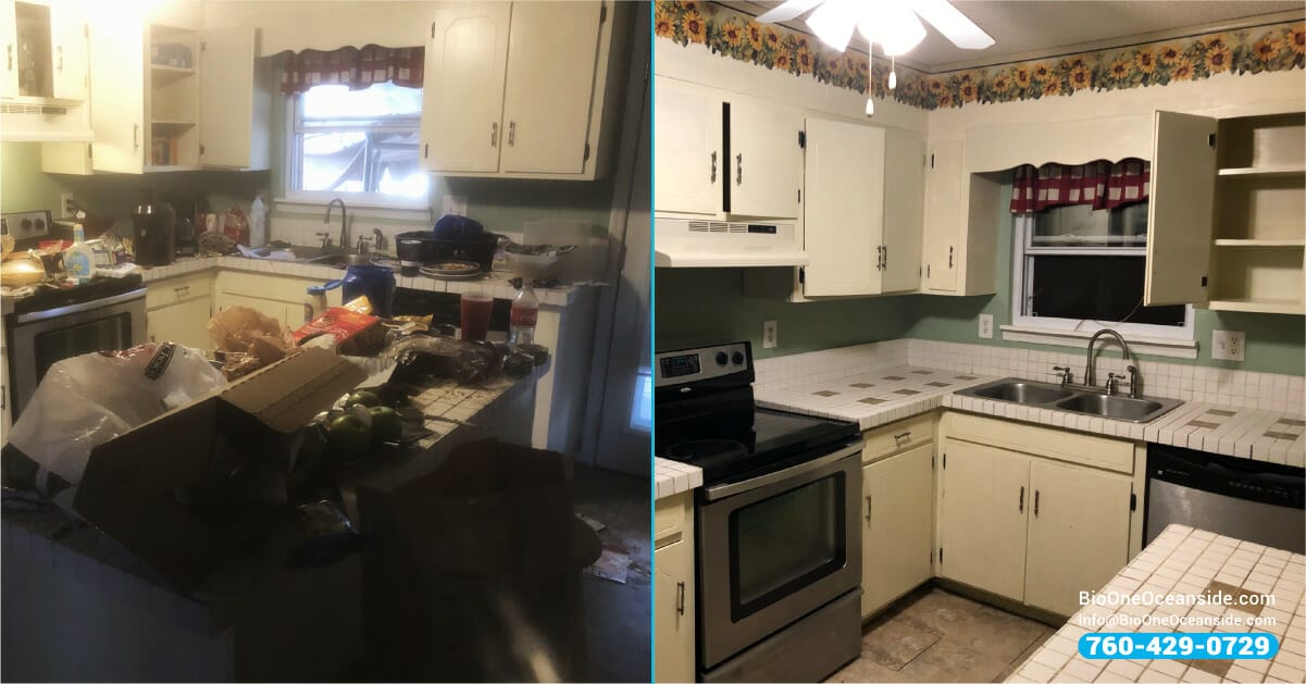 cluttered kitchen cleaned by bio one of oceanside technicians